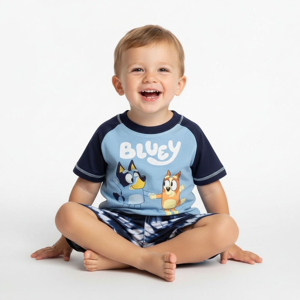 Bluey Boys Swim Set Size 4T Blue Tie-Dye Rash Guard Shirt & Trunks 2pc